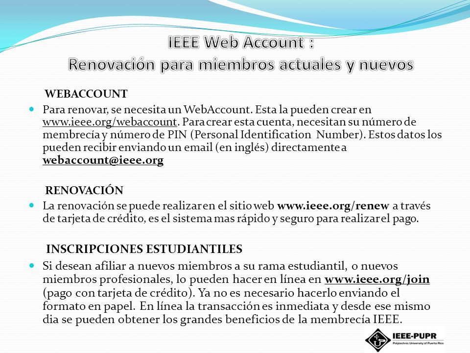 IEEE Web Account : Renovación para miembros actuales y nuevos