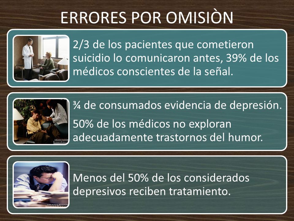 ERRORES POR OMISIÒN 2/3 de los pacientes que cometieron suicidio lo comunicaron antes, 39% de los médicos conscientes de la señal.