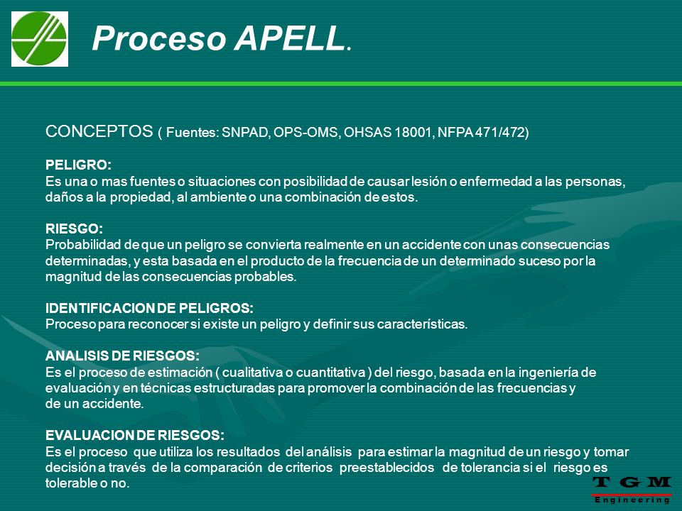 Proceso APELL. CONCEPTOS ( Fuentes: SNPAD, OPS-OMS, OHSAS 18001, NFPA 471/472) PELIGRO:
