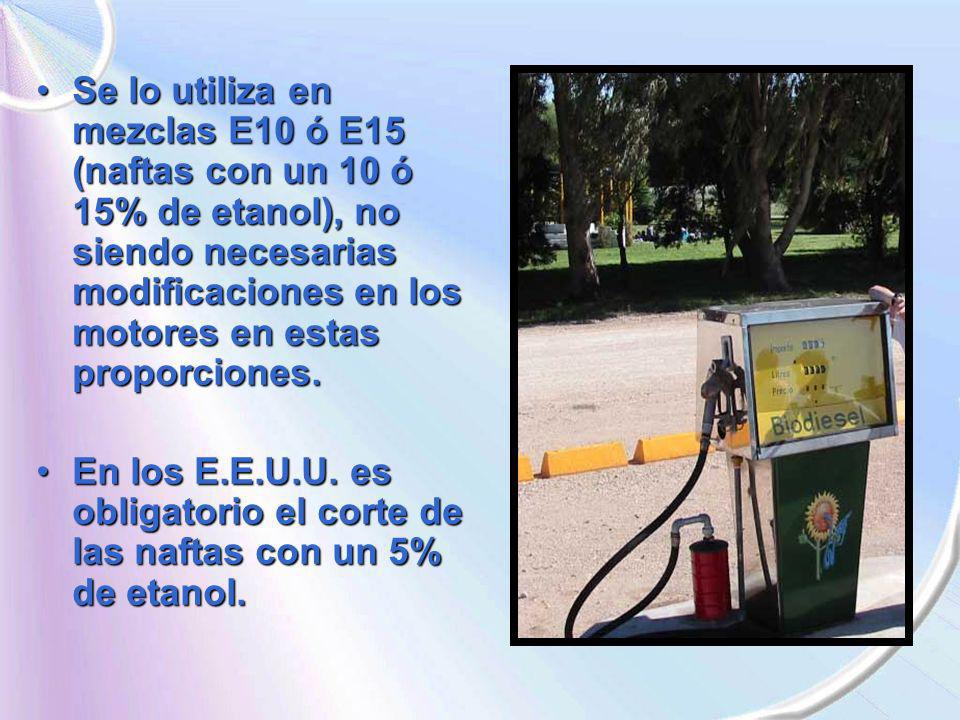 Se lo utiliza en mezclas E10 ó E15 (naftas con un 10 ó 15% de etanol), no siendo necesarias modificaciones en los motores en estas proporciones.