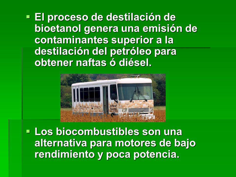 El proceso de destilación de bioetanol genera una emisión de contaminantes superior a la destilación del petróleo para obtener naftas ó diésel.