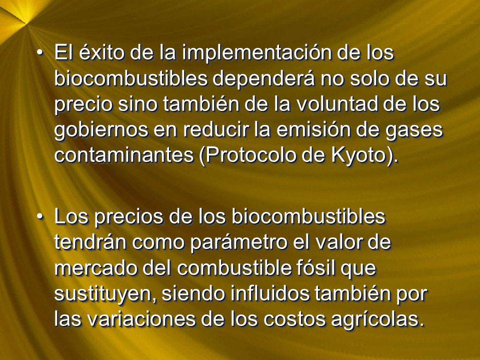 El éxito de la implementación de los biocombustibles dependerá no solo de su precio sino también de la voluntad de los gobiernos en reducir la emisión de gases contaminantes (Protocolo de Kyoto).