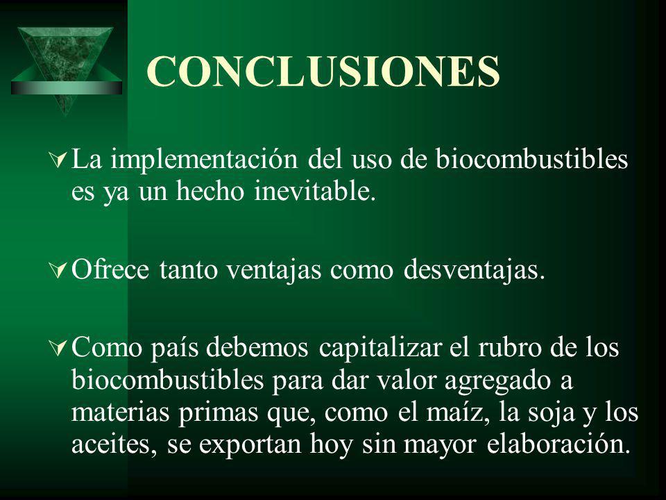 CONCLUSIONES La implementación del uso de biocombustibles es ya un hecho inevitable. Ofrece tanto ventajas como desventajas.