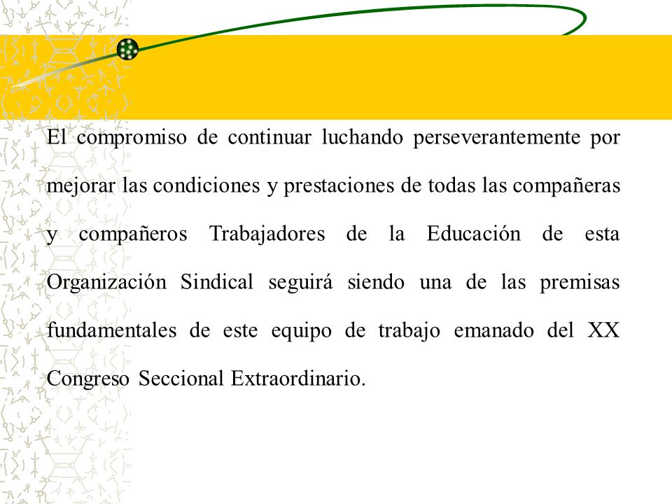 El compromiso de continuar luchando perseverantemente por mejorar las condiciones y prestaciones de todas las compañeras y compañeros Trabajadores de la Educación de esta Organización Sindical seguirá siendo una de las premisas fundamentales de este equipo de trabajo emanado del XX Congreso Seccional Extraordinario.