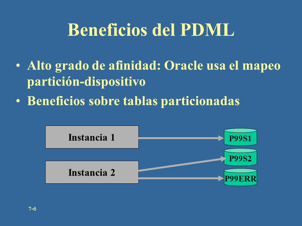 Beneficios del PDML Alto grado de afinidad: Oracle usa el mapeo partición-dispositivo. Beneficios sobre tablas particionadas.