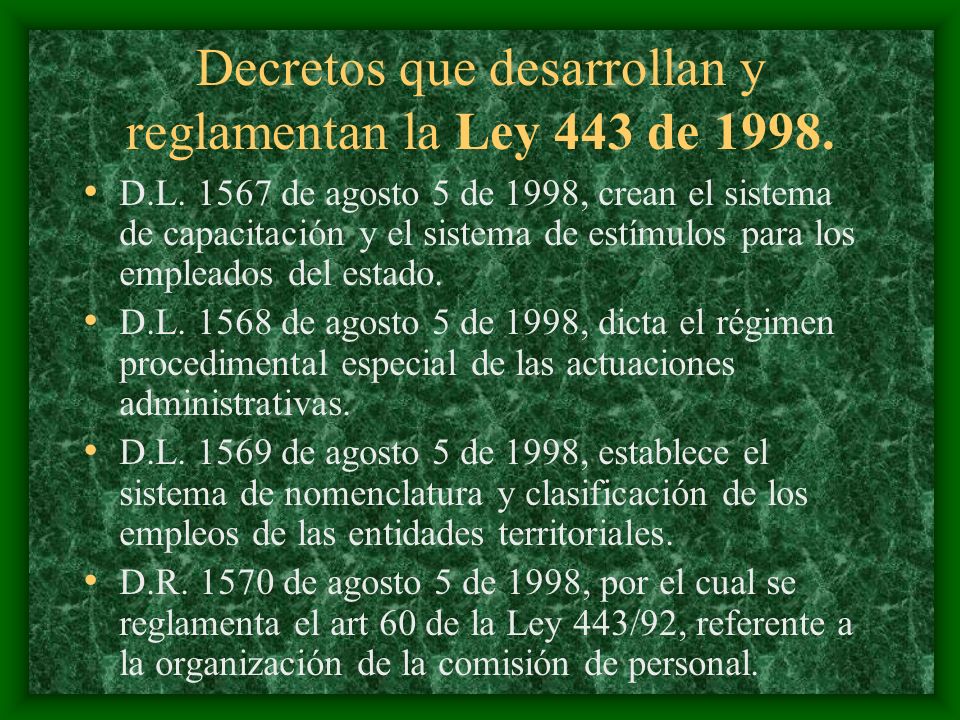 Decretos que desarrollan y reglamentan la Ley 443 de 1998.