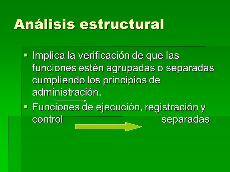 Análisis estructural Implica la verificación de que las funciones estén agrupadas o separadas cumpliendo los principios de administración.