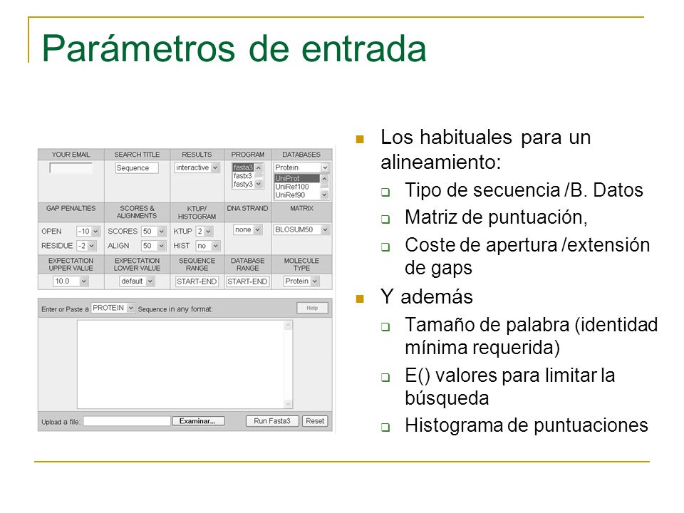 Parámetros de entrada Los habituales para un alineamiento: Y además