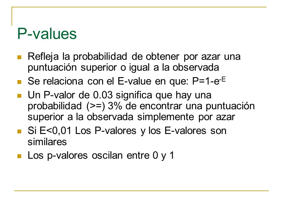 P-values Refleja la probabilidad de obtener por azar una puntuación superior o igual a la observada.