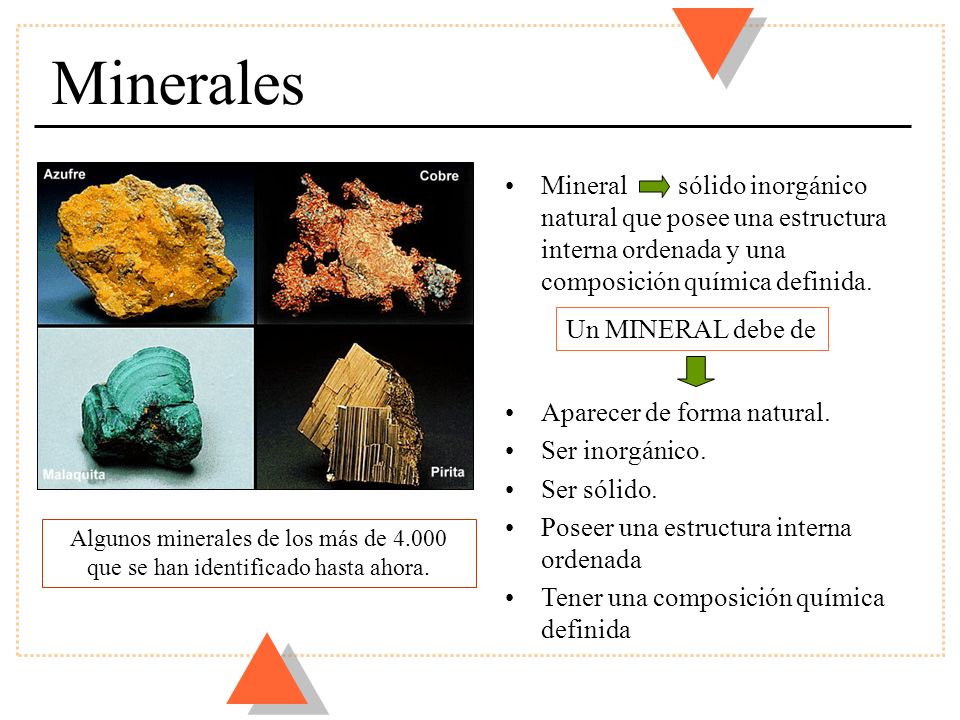 Minerales Mineral sólido inorgánico natural que posee una estructura interna ordenada y una composición química definida.