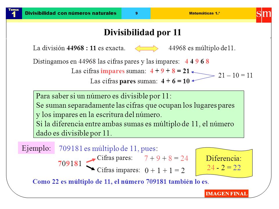 Divisibilidad por 11 1 Para saber si un número es divisible por 11: