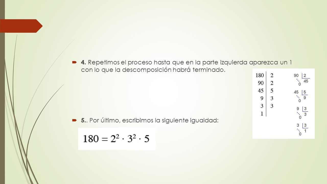 4. Repetimos el proceso hasta que en la parte izquierda aparezca un 1 con lo que la descomposición habrá terminado.