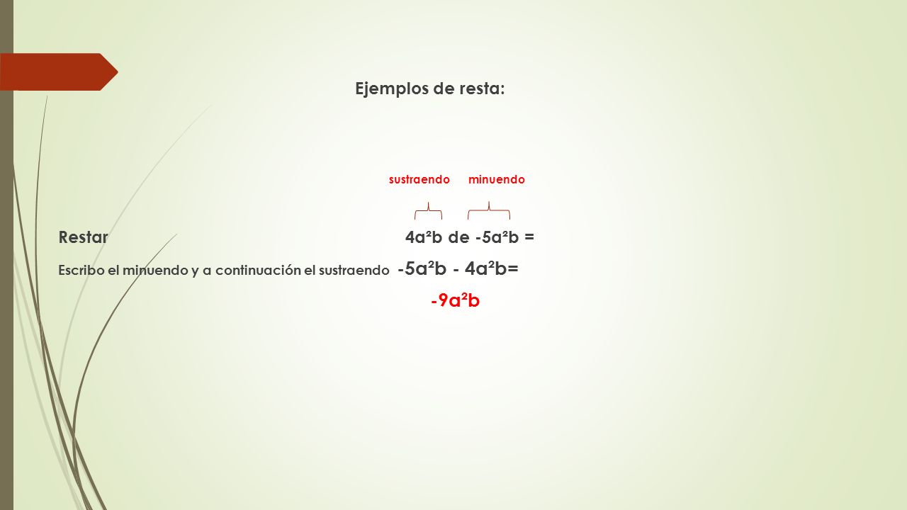 -9a²b Ejemplos de resta: sustraendo minuendo Restar 4a²b de -5a²b =
