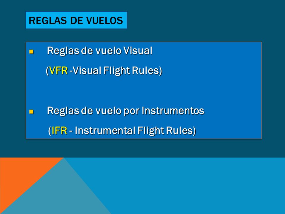 REGLAS DE VUELOS Reglas de vuelo Visual. (VFR -Visual Flight Rules) Reglas de vuelo por Instrumentos.