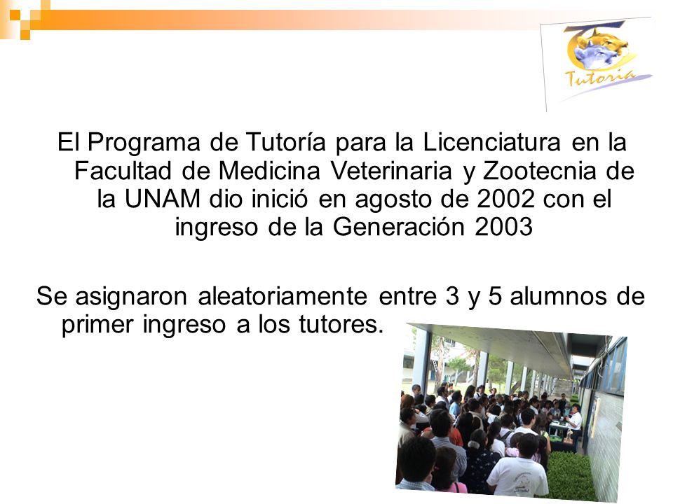 El Programa de Tutoría para la Licenciatura en la Facultad de Medicina Veterinaria y Zootecnia de la UNAM dio inició en agosto de 2002 con el ingreso de la Generación 2003