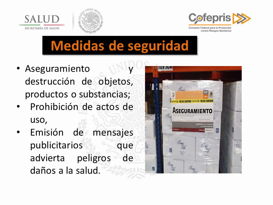 Medidas de seguridad Aseguramiento y destrucción de objetos, productos o substancias; Prohibición de actos de uso,