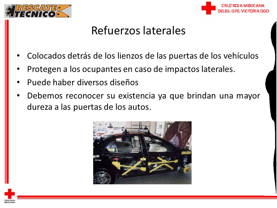 Refuerzos laterales Colocados detrás de los lienzos de las puertas de los vehículos. Protegen a los ocupantes en caso de impactos laterales.