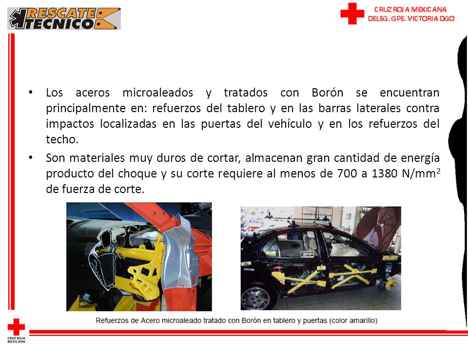 Los aceros microaleados y tratados con Borón se encuentran principalmente en: refuerzos del tablero y en las barras laterales contra impactos localizadas en las puertas del vehículo y en los refuerzos del techo.