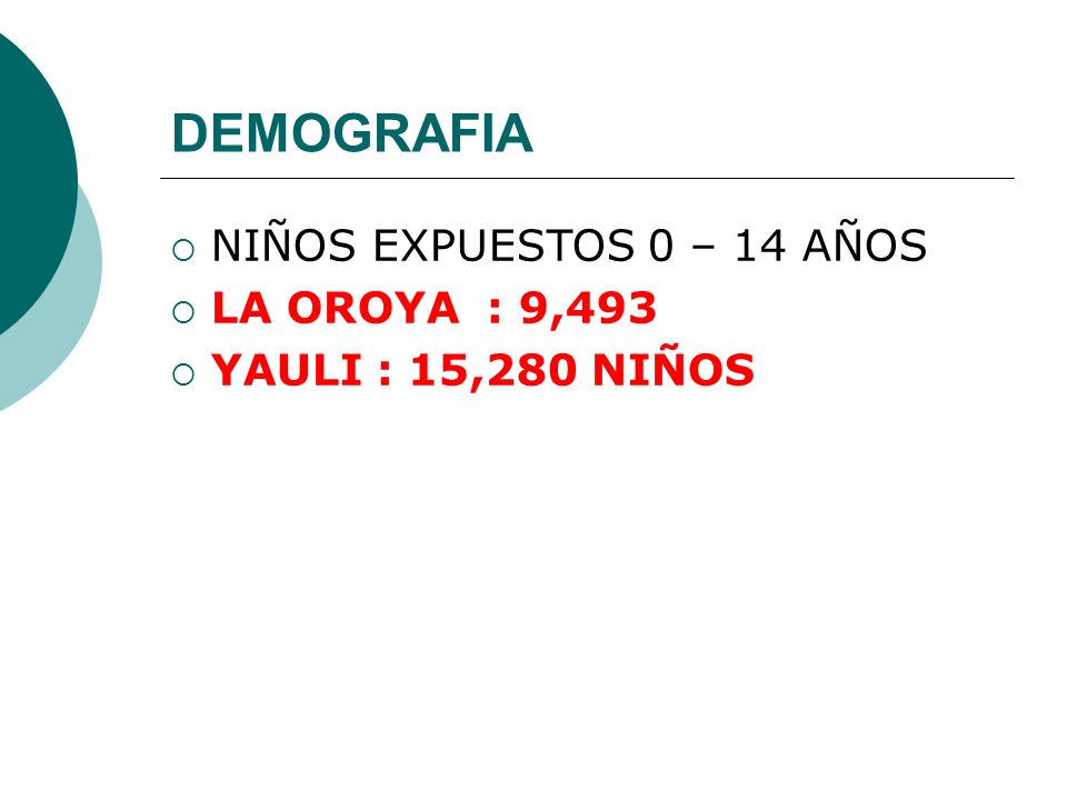 DEMOGRAFIA NIÑOS EXPUESTOS 0 – 14 AÑOS LA OROYA : 9,493