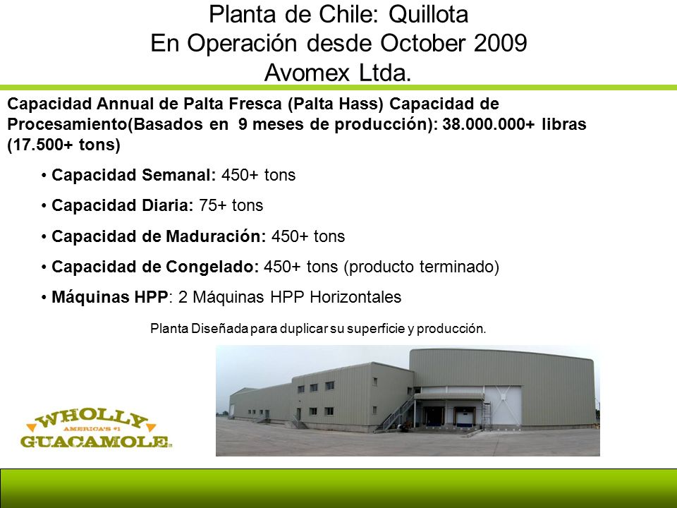 Planta de Chile: Quillota En Operación desde October 2009 Avomex Ltda.