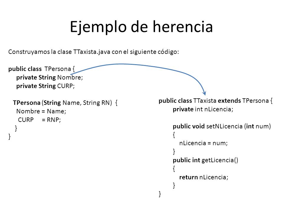 Ejemplo de herencia Construyamos la clase TTaxista.java con el siguiente código: public class TPersona {