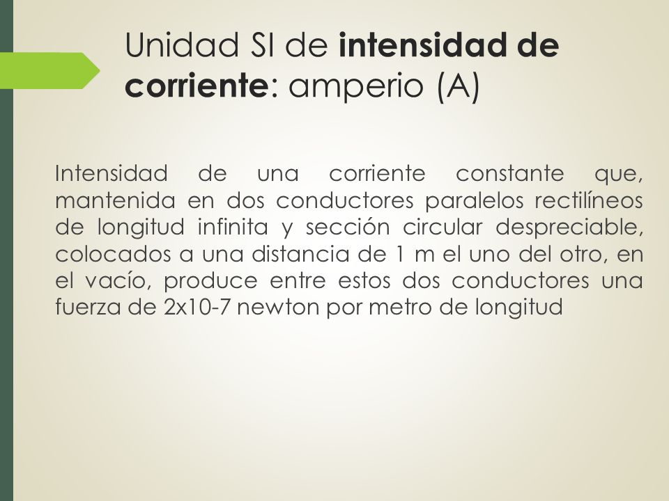 Unidad SI de intensidad de corriente: amperio (A)
