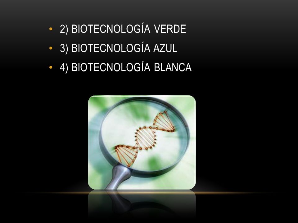 2) BIOTECNOLOGÍA VERDE 3) BIOTECNOLOGÍA AZUL 4) BIOTECNOLOGÍA BLANCA
