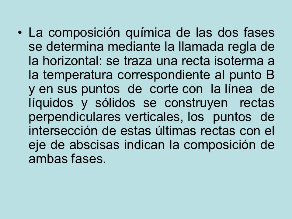 La composición química de las dos fases se determina mediante la llamada regla de la horizontal: se traza una recta isoterma a la temperatura correspondiente al punto B y en sus puntos de corte con la línea de líquidos y sólidos se construyen rectas perpendiculares verticales, los puntos de intersección de estas últimas rectas con el eje de abscisas indican la composición de ambas fases.
