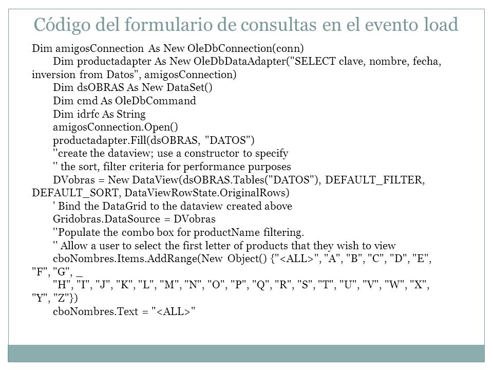 Código del formulario de consultas en el evento load