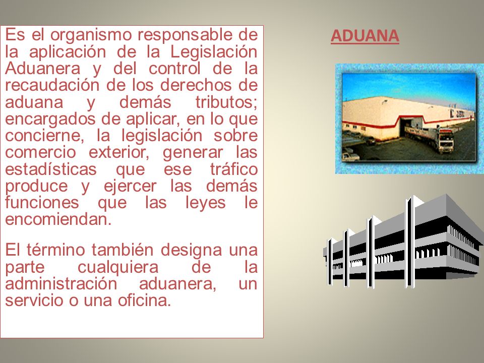 Es el organismo responsable de la aplicación de la Legislación Aduanera y del control de la recaudación de los derechos de aduana y demás tributos; encargados de aplicar, en lo que concierne, la legislación sobre comercio exterior, generar las estadísticas que ese tráfico produce y ejercer las demás funciones que las leyes le encomiendan.
