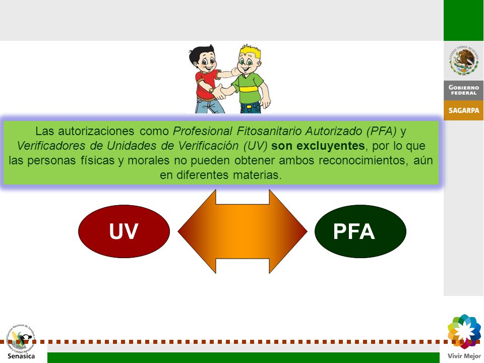 Las autorizaciones como Profesional Fitosanitario Autorizado (PFA) y Verificadores de Unidades de Verificación (UV) son excluyentes, por lo que las personas físicas y morales no pueden obtener ambos reconocimientos, aún en diferentes materias.