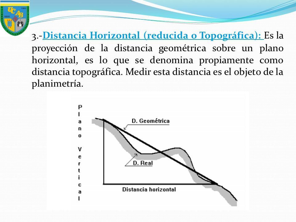 3.-Distancia Horizontal (reducida o Topográfica): Es la proyección de la distancia geométrica sobre un plano horizontal, es lo que se denomina propiamente como distancia topográfica.