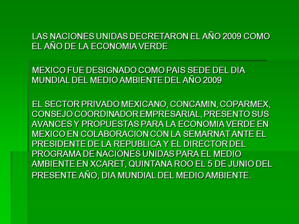 LAS NACIONES UNIDAS DECRETARON EL AÑO 2009 COMO EL AÑO DE LA ECONOMIA VERDE