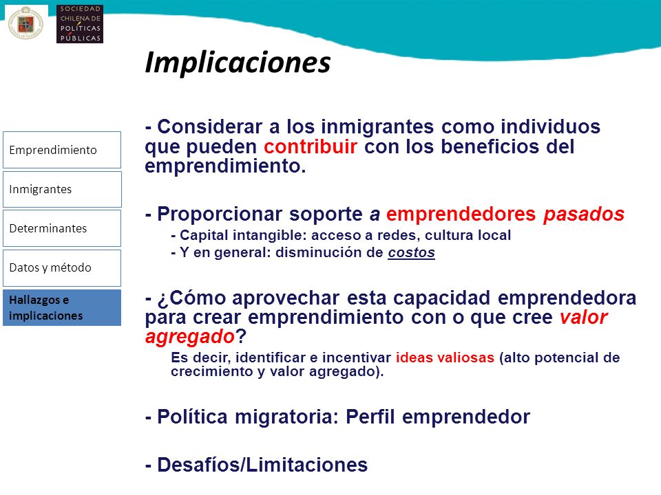 Implicaciones - Considerar a los inmigrantes como individuos que pueden contribuir con los beneficios del emprendimiento.