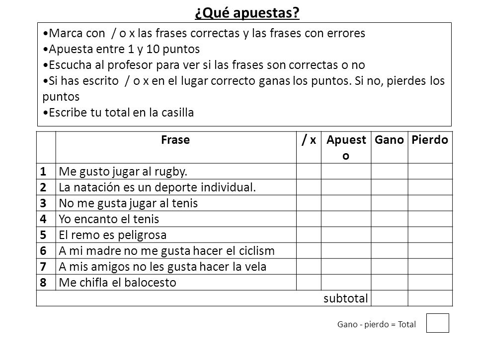 ¿Qué apuestas Marca con / o x las frases correctas y las frases con errores. Apuesta entre 1 y 10 puntos.