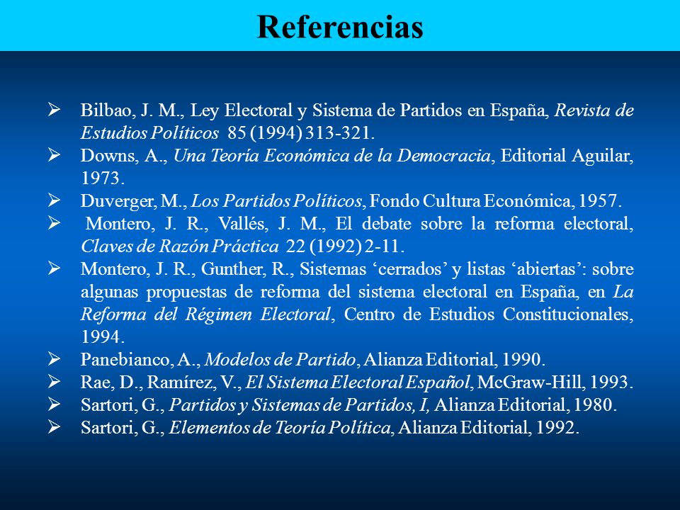 Referencias Bilbao, J. M., Ley Electoral y Sistema de Partidos en España, Revista de Estudios Políticos 85 (1994)