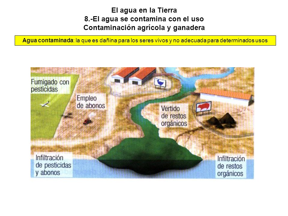El agua en la Tierra 8.-El agua se contamina con el uso Contaminación agrícola y ganadera