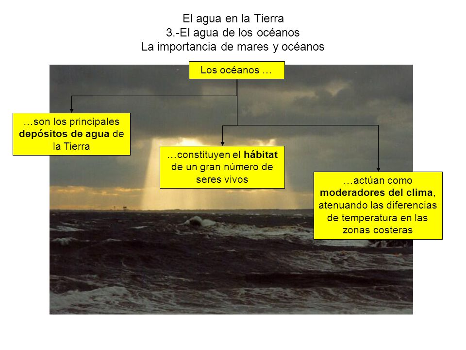 El agua en la Tierra 3.-El agua de los océanos La importancia de mares y océanos
