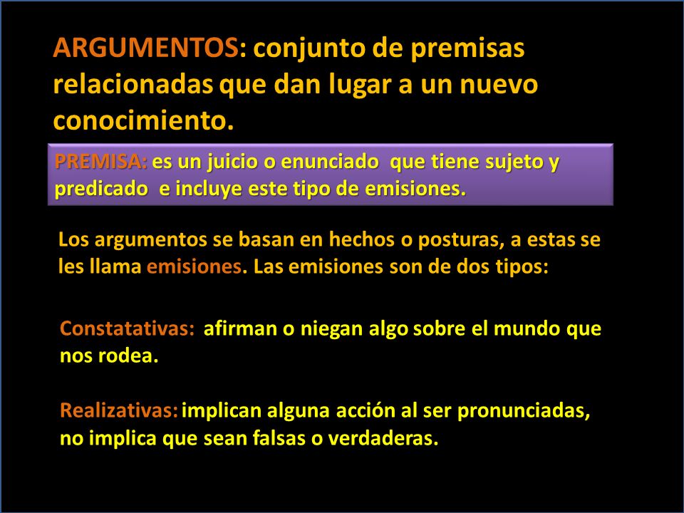 ARGUMENTOS: conjunto de premisas relacionadas que dan lugar a un nuevo conocimiento.