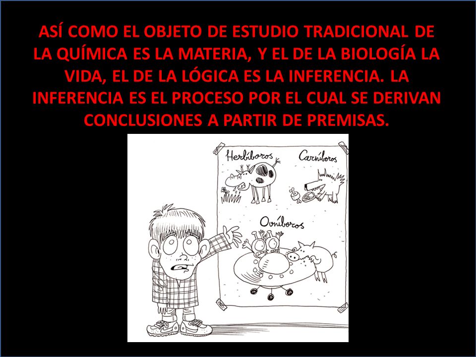 ASÍ COMO EL OBJETO DE ESTUDIO TRADICIONAL DE LA QUÍMICA ES LA MATERIA, Y EL DE LA BIOLOGÍA LA VIDA, EL DE LA LÓGICA ES LA INFERENCIA.