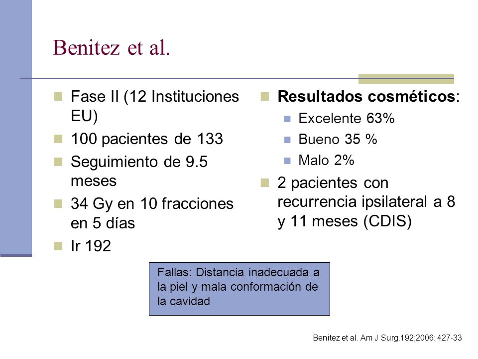 Benitez et al. Fase II (12 Instituciones EU) 100 pacientes de 133