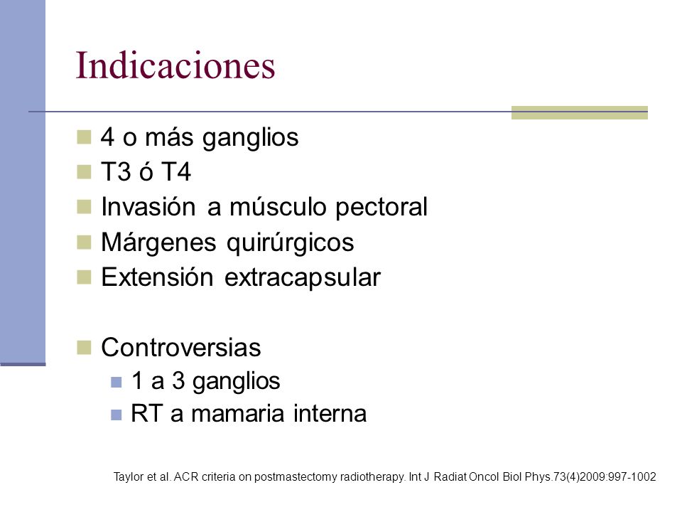 Indicaciones 4 o más ganglios T3 ó T4 Invasión a músculo pectoral