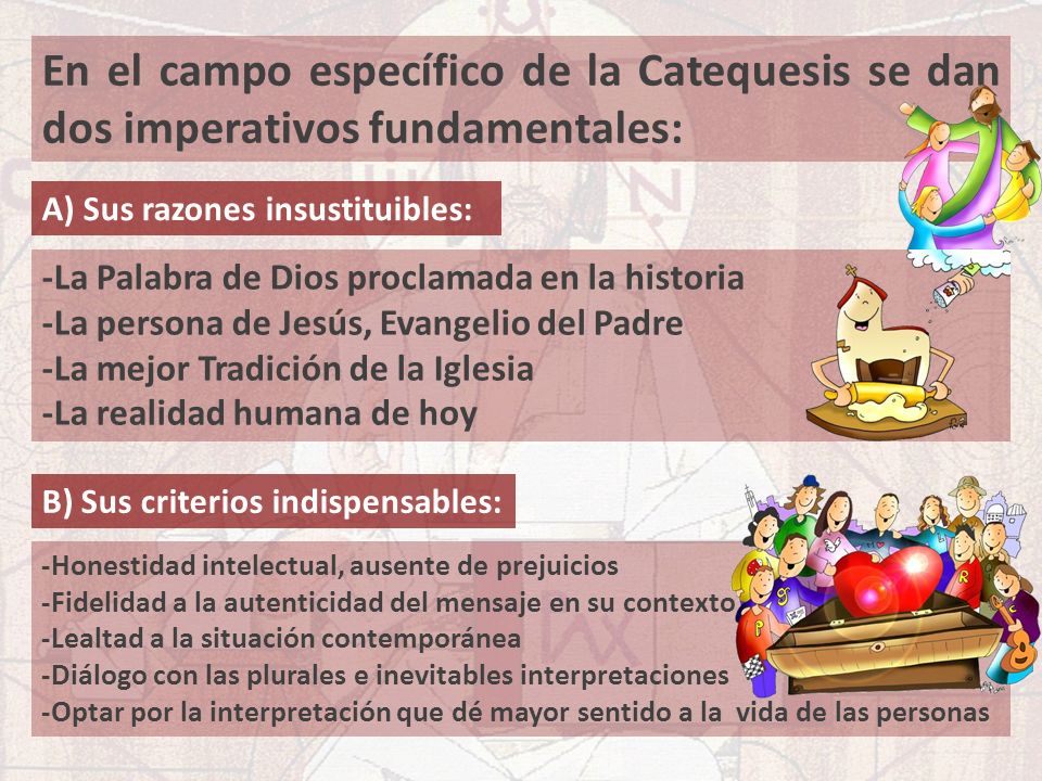 En el campo específico de la Catequesis se dan dos imperativos fundamentales: