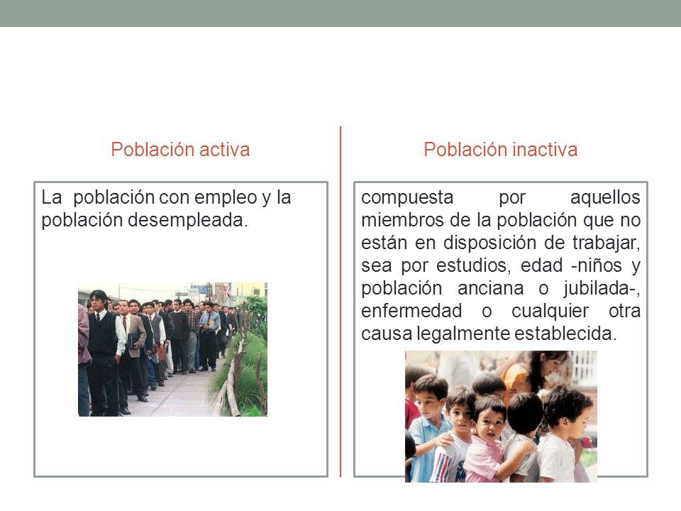 Población activa Población inactiva. La población con empleo y la población desempleada.