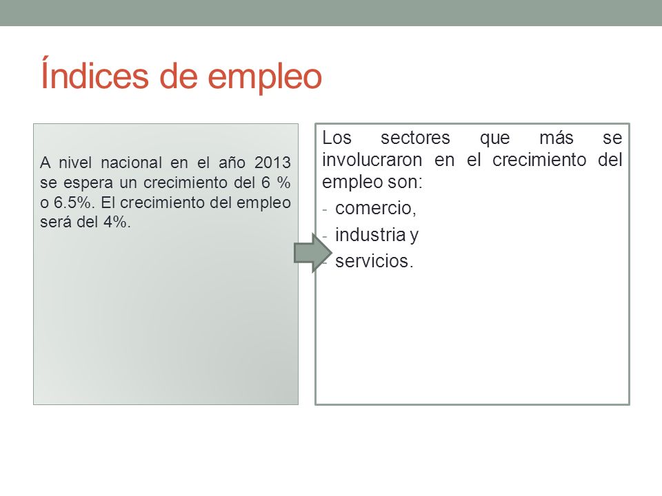 Índices de empleo A nivel nacional en el año 2013 se espera un crecimiento del 6 % o 6.5%. El crecimiento del empleo será del 4%.