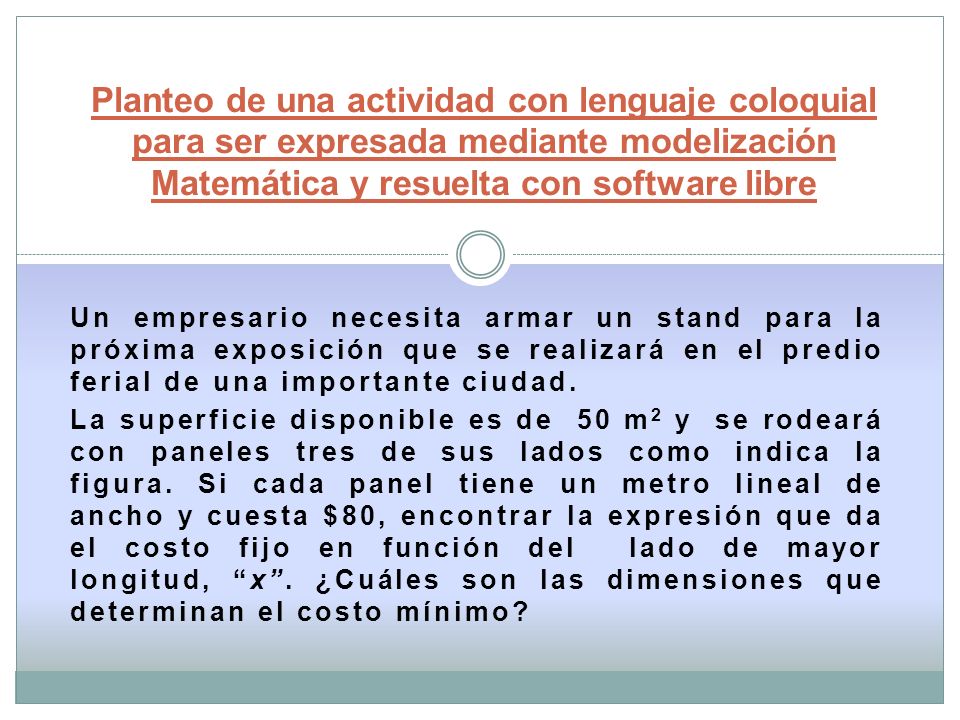 Planteo de una actividad con lenguaje coloquial para ser expresada mediante modelización Matemática y resuelta con software libre