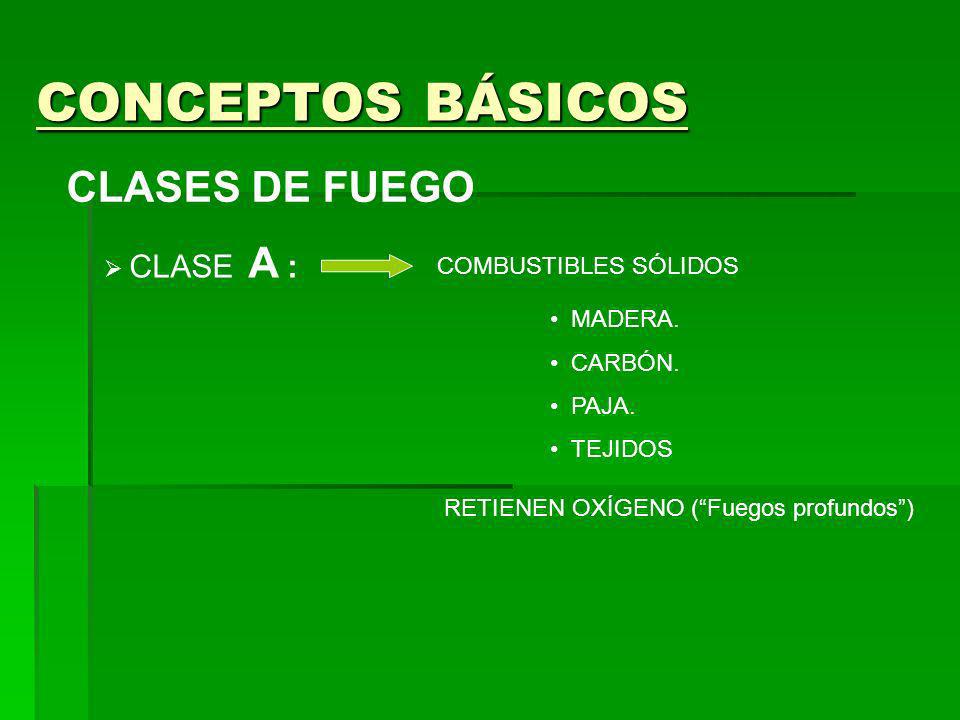 CONCEPTOS BÁSICOS CLASES DE FUEGO CLASE A : COMBUSTIBLES SÓLIDOS
