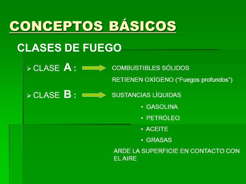 CONCEPTOS BÁSICOS CLASES DE FUEGO CLASE A : COMBUSTIBLES SÓLIDOS