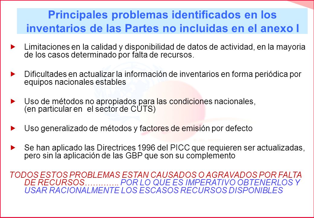 Principales problemas identificados en los inventarios de las Partes no incluidas en el anexo I