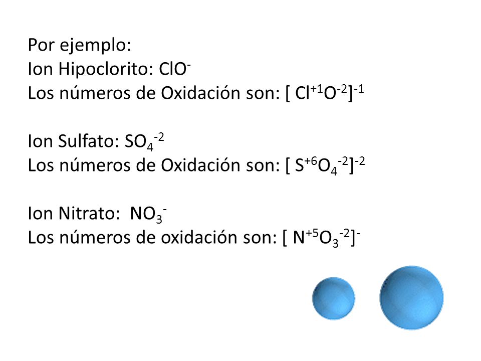 Por ejemplo: Ion Hipoclorito: ClO- Los números de Oxidación son: [ Cl+1O-2]-1 Ion Sulfato: SO4-2 Los números de Oxidación son: [ S+6O4-2]-2 Ion Nitrato: NO3- Los números de oxidación son: [ N+5O3-2]-